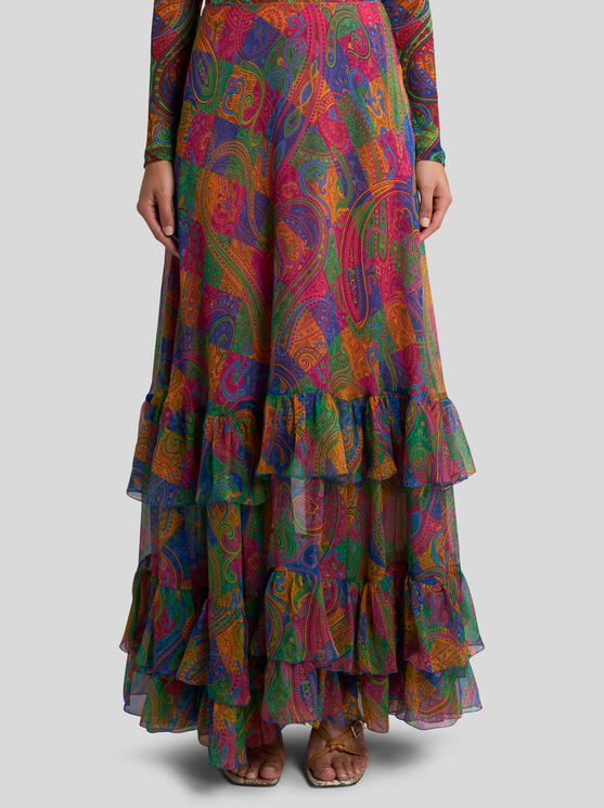 Etro , Silk Crepon Maxi Skirt With Ruffles And Geometric Paisley Motif, Woman, Size 46