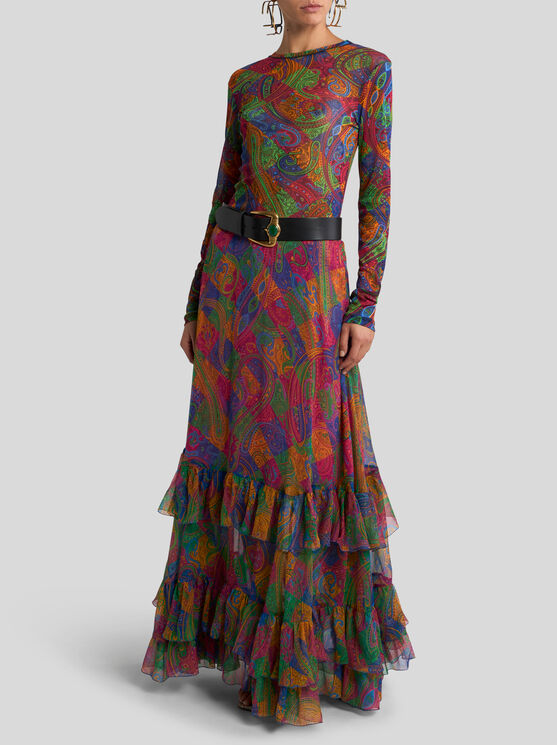 Etro , Silk Crepon Maxi Skirt With Ruffles And Geometric Paisley Motif, Woman, Size 46