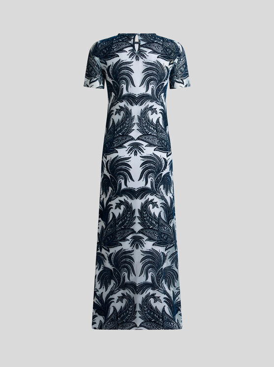 Etro Flocked Tulle Sheath Dress In Navy Blue