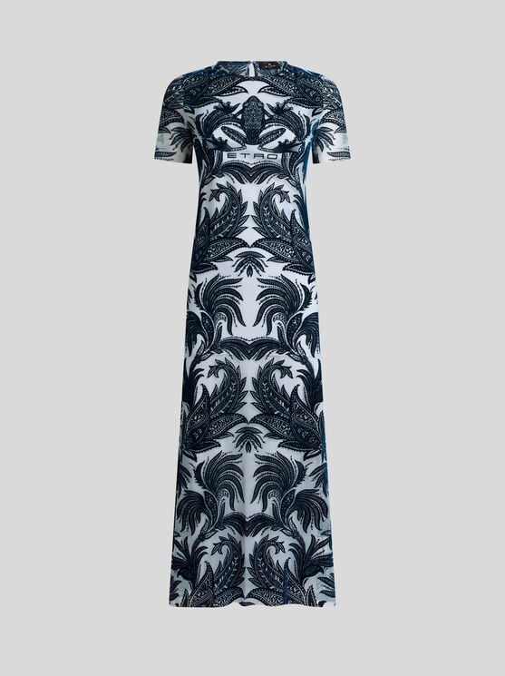 Etro Flocked Tulle Sheath Dress In Navy Blue