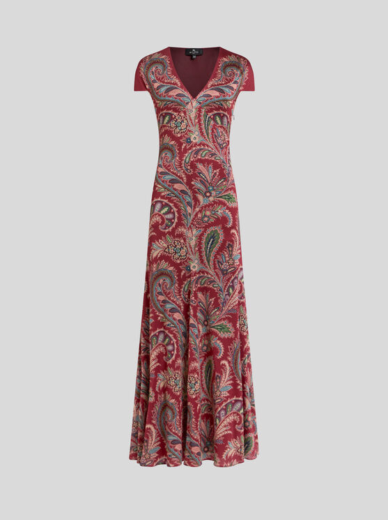 Etro , Printed Crepe Jersey Long Dress, Woman, Burgundy, Size 48 In Multi