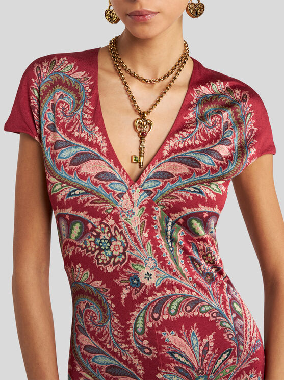 Etro , Printed Crepe Jersey Long Dress, Woman, Burgundy, Size 48 In Multi