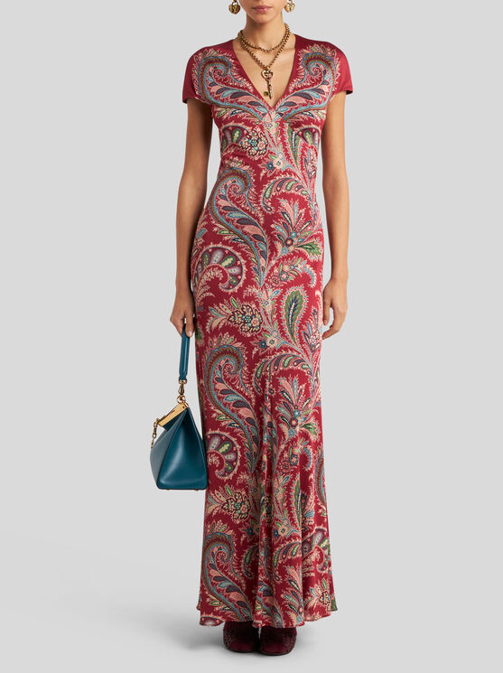 Etro , Printed Crepe Jersey Long Dress, Woman, Burgundy, Size 48 In Multi