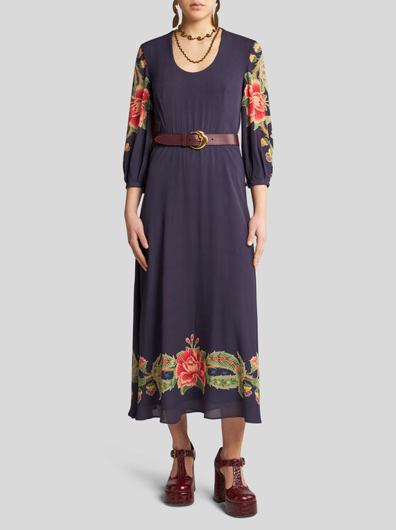 Shop Etro Crepe De Chine Dress With Print In Navyblau