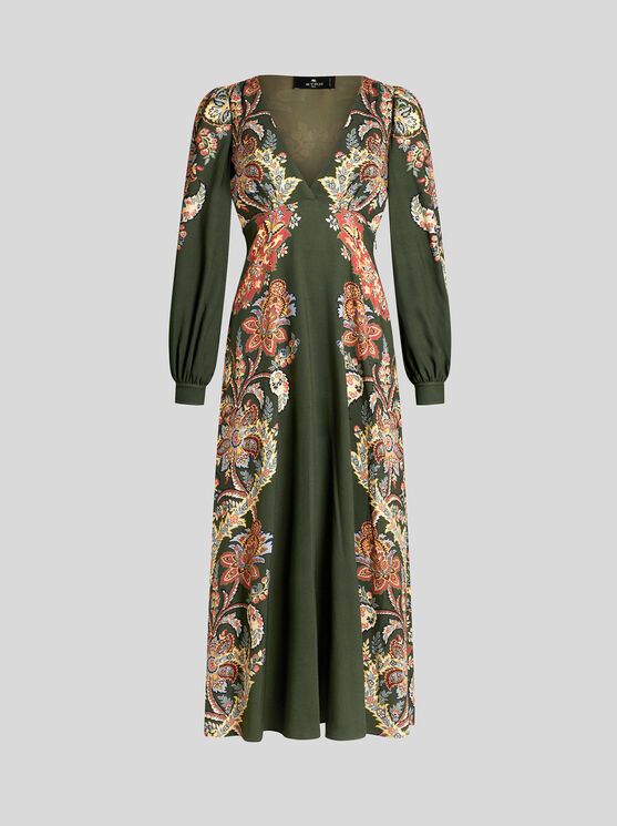 Shop Etro Printed Twill Dress In Dark Green