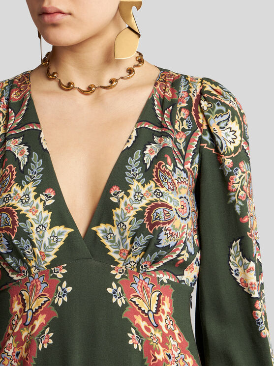 Shop Etro Printed Twill Dress In Dark Green