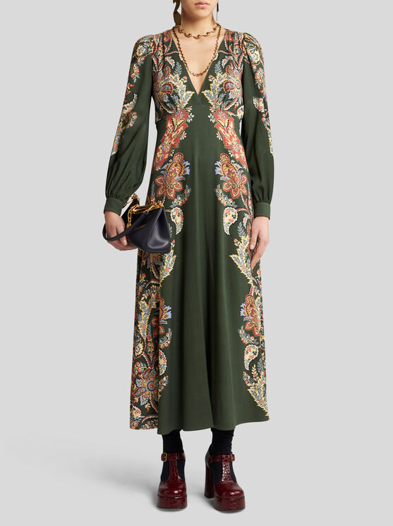 Shop Etro Printed Twill Dress In Dark Green