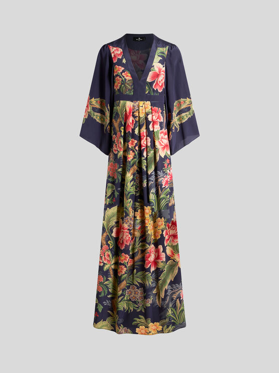 Shop Etro Printed Crepe De Chine Dress In Navy Blue