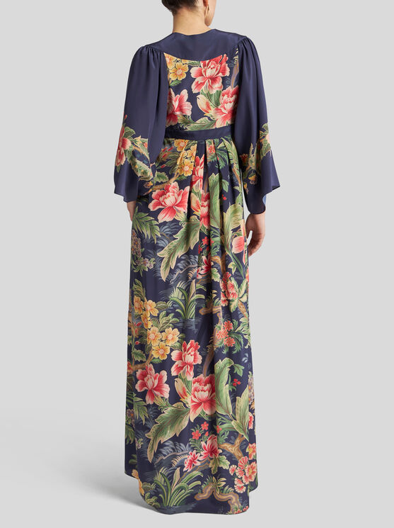 Shop Etro Printed Crepe De Chine Dress In Navy Blue