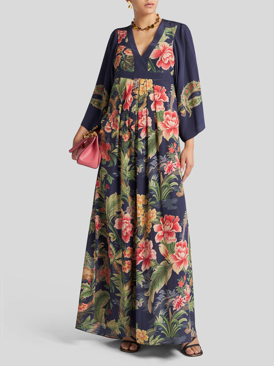 Shop Etro Printed Crepe De Chine Dress In Navy Blue