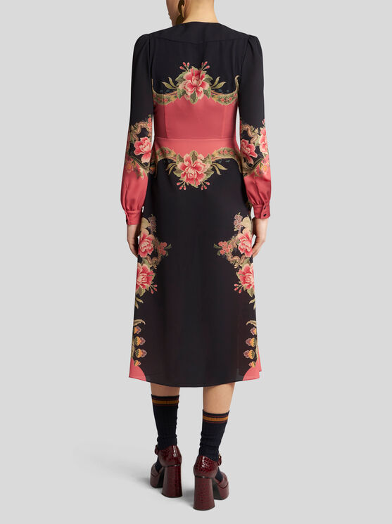 Shop Etro Midi Dress With Placed Floral Print In Navy Blue