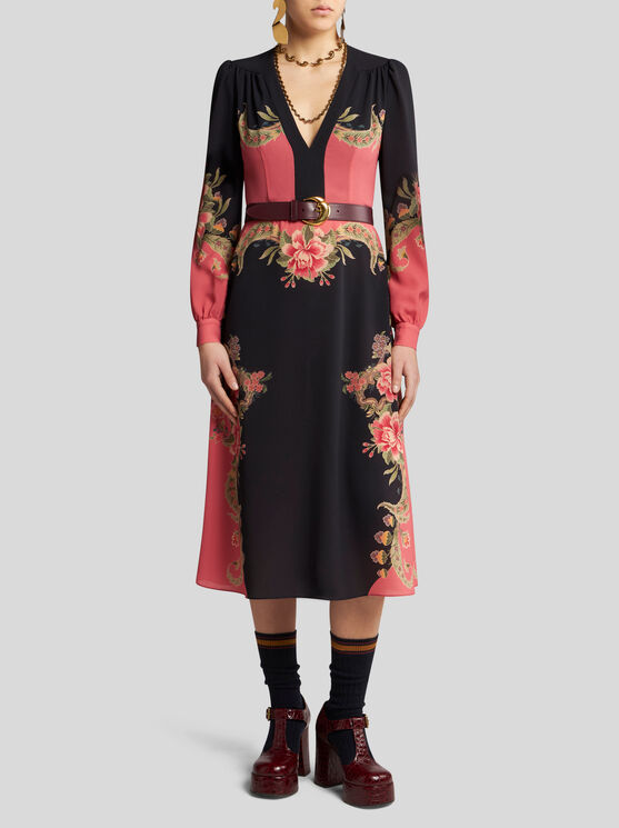 Shop Etro Midi Dress With Placed Floral Print In Navy Blue