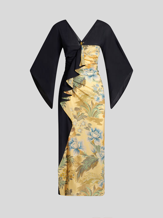 Shop Etro Midi Dress With Placed Floral Print In Yellow