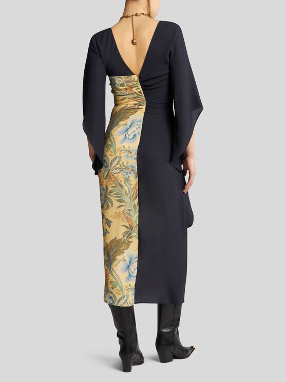 Shop Etro Midi Dress With Placed Floral Print In Yellow