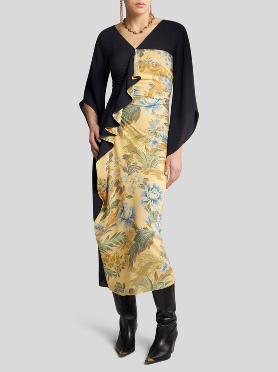 Shop Etro Midi Dress With Placed Floral Print In Yellow