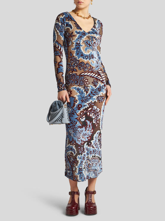 Shop Etro Tulle And Jacquard Velvet Dress In Light Blue