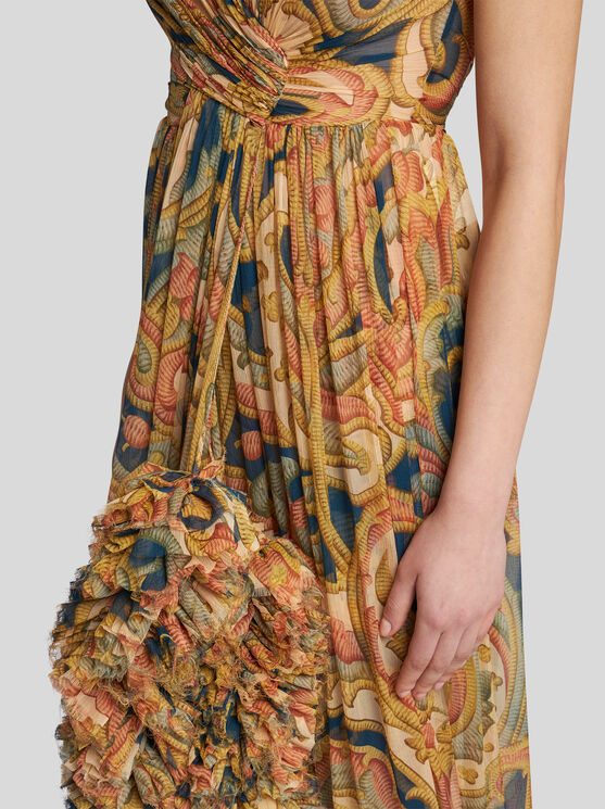 Etro , Printed Silk Bustier Dress With Ruching, Woman, Navy Blue, Size 44 In Navyblau