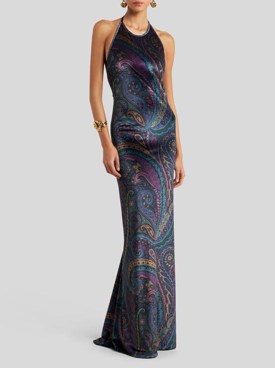 Etro Paisley-print Halterneck Maxi Party Dress In Multi