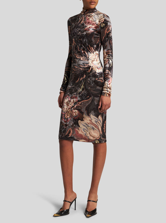 Shop Etro Printed Chenille Dress In Grey