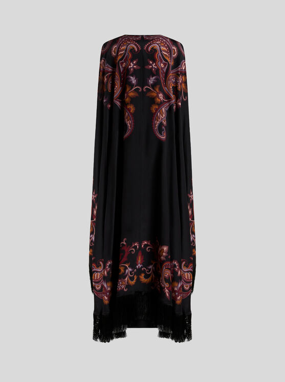 Etro Paisley Caped Fringed Silk Gown In Schwarz