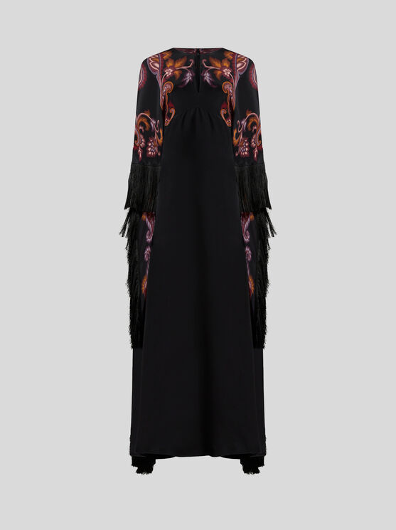 Etro Paisley Caped Fringed Silk Gown In Schwarz