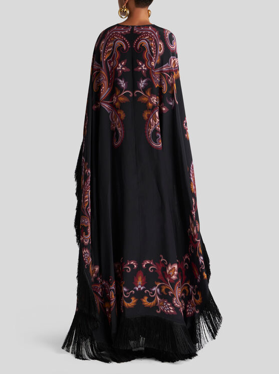 Etro Paisley Caped Fringed Silk Gown In Schwarz