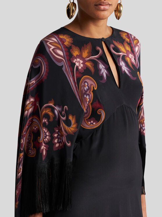 Etro Paisley Caped Fringed Silk Gown In Schwarz