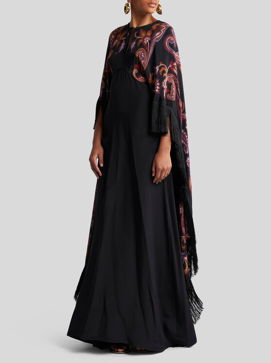 Etro Paisley Caped Fringed Silk Gown In Schwarz