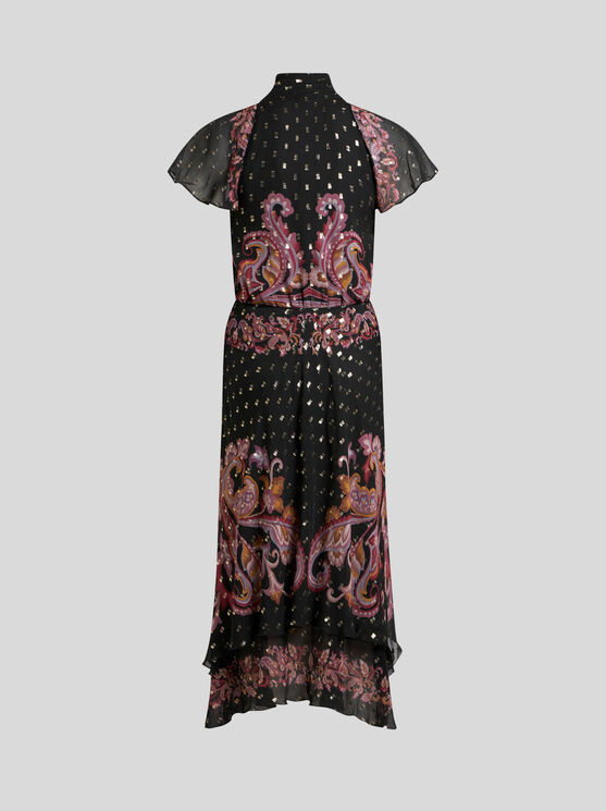 Etro Paisley-print Neck-tie Plisse Georgette Midi Dress In Black