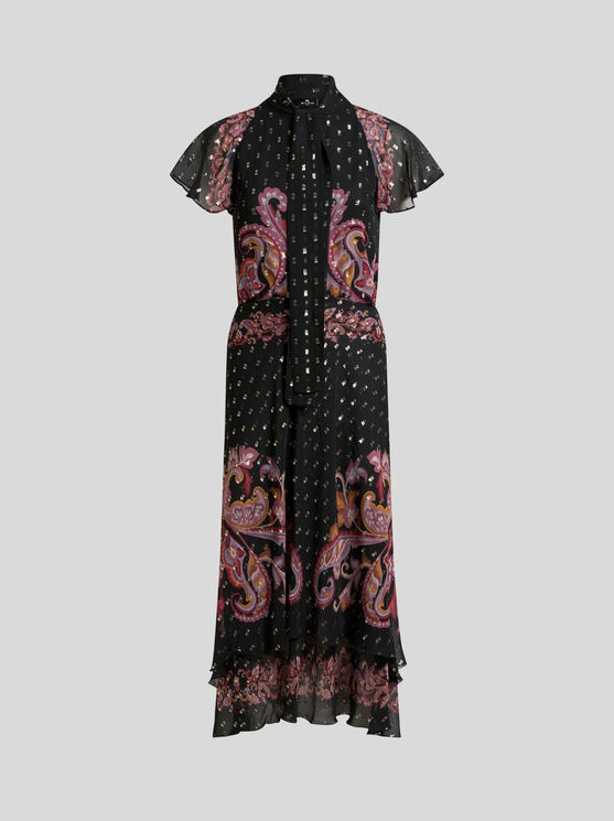 Etro Paisley-print Neck-tie Plisse Georgette Midi Dress In Black