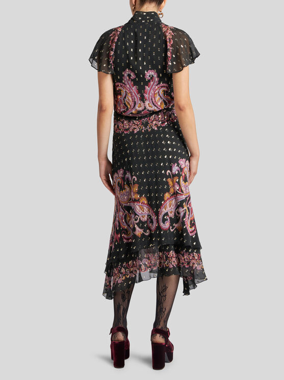 Etro Paisley-print Neck-tie Plisse Georgette Midi Dress In Black
