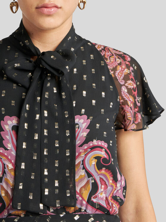 Etro Paisley-print Neck-tie Plisse Georgette Midi Dress In Black