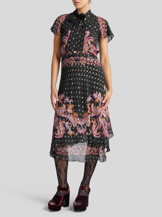 Etro Paisley-print Neck-tie Plisse Georgette Midi Dress In Black