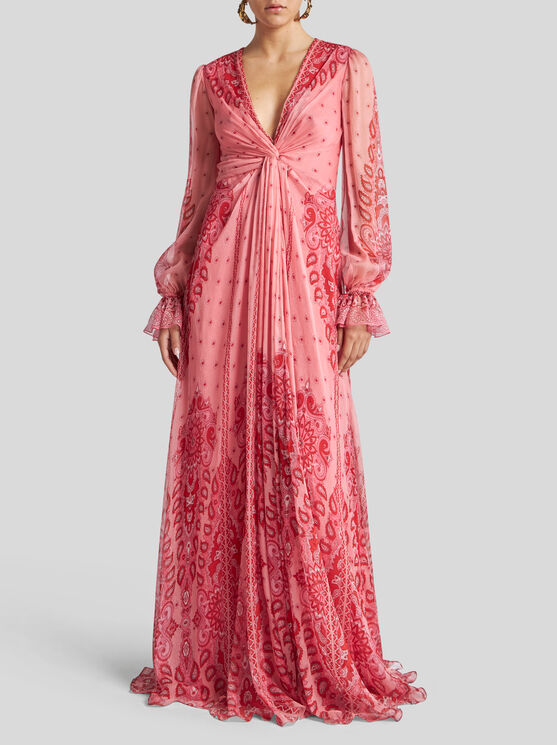 Etro Printed Twisted Silk Maxi Dress In Pink