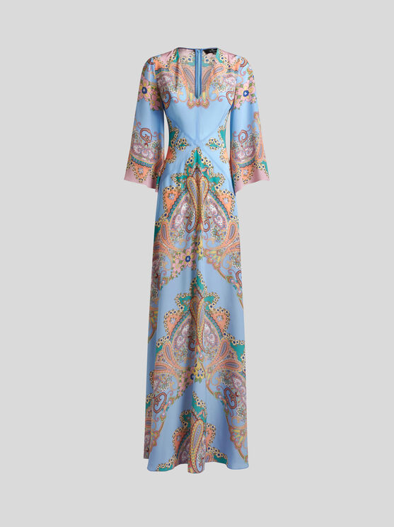 Etro Multicolor Long Dress With All-over Paisley Print And V-neck In Silk Woman In Rosa