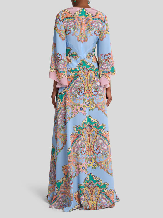 Etro Multicolor Long Dress With All-over Paisley Print And V-neck In Silk Woman In Rosa