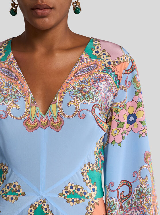Etro Multicolor Long Dress With All-over Paisley Print And V-neck In Silk Woman In Rosa