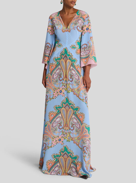 Etro Multicolor Long Dress With All-over Paisley Print And V-neck In Silk Woman In Rosa