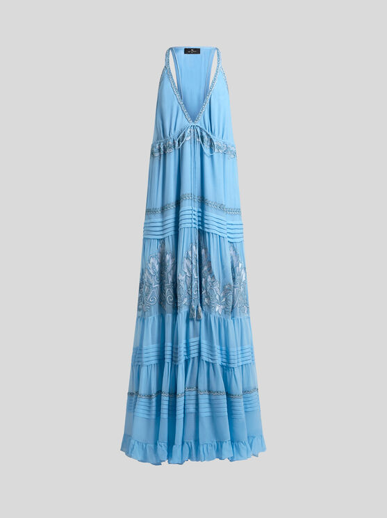 Etro , Embroidered Silk Maxi Dress, Woman, Light Blue, Size 36 In Light Blue