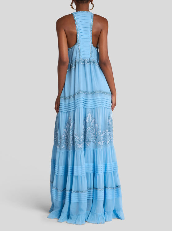 Etro , Embroidered Silk Maxi Dress, Woman, Light Blue, Size 36 In Light Blue