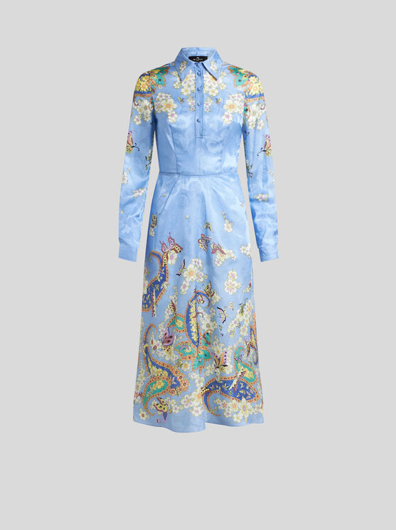 Etro Floral Print Silk-blend Midi Shirt Dress In Light Blue