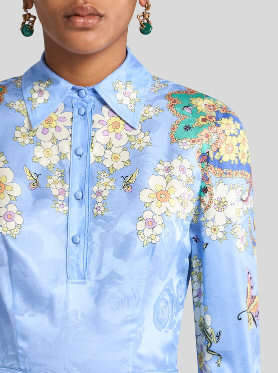 Etro Floral Print Silk-blend Midi Shirt Dress In Light Blue