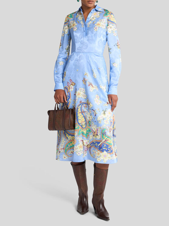 Etro Floral Print Silk-blend Midi Shirt Dress In Light Blue