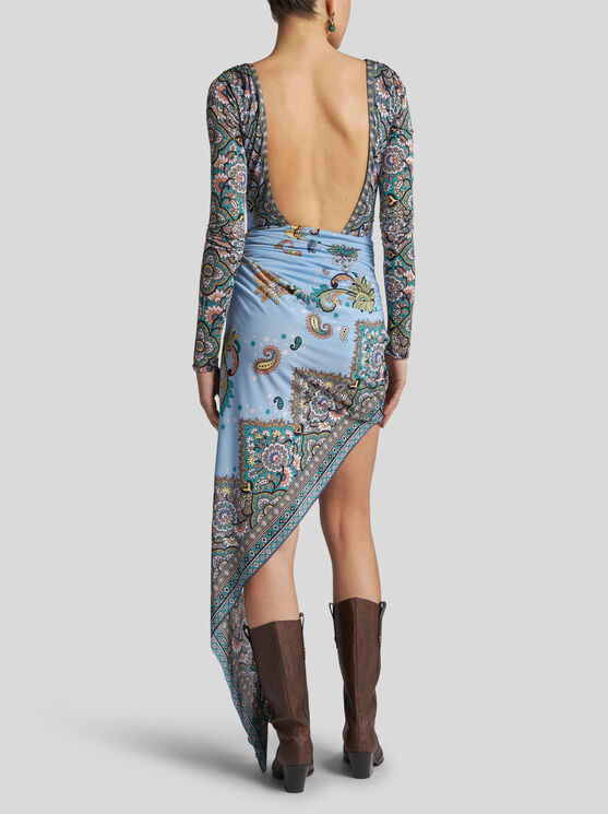 Etro Lucky Charm Jersey Long-sleeve Twisted Asymmetric Dress In Hellblau