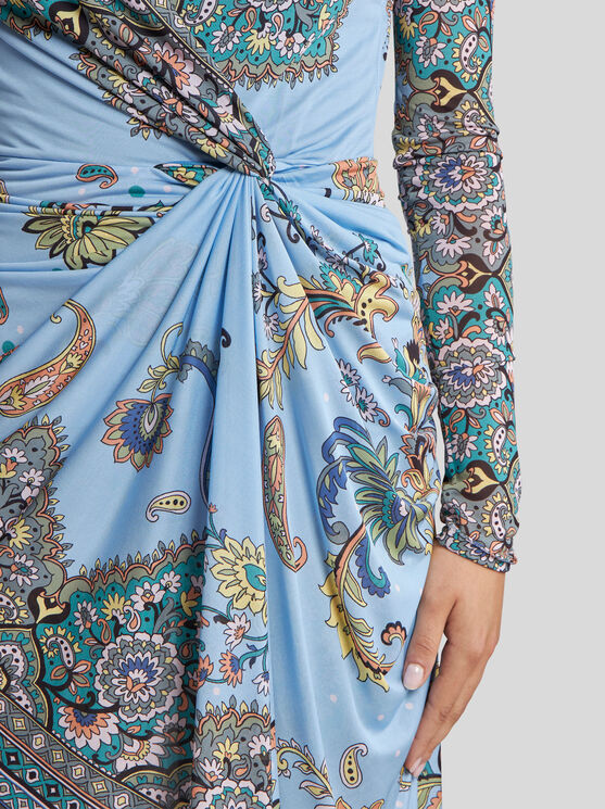 Etro Lucky Charm Jersey Long-sleeve Twisted Asymmetric Dress In Hellblau