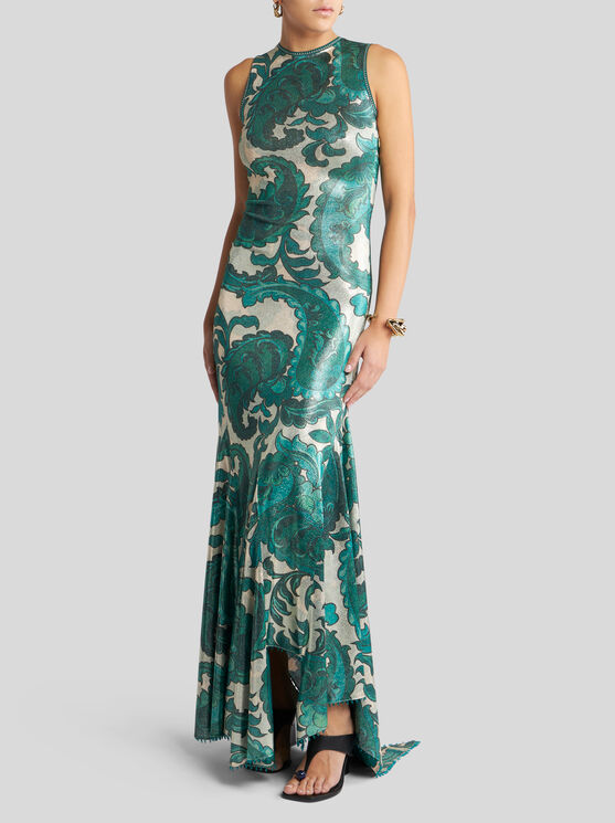 Etro Laminated Jersey Dress With Paisley Print Women In Green