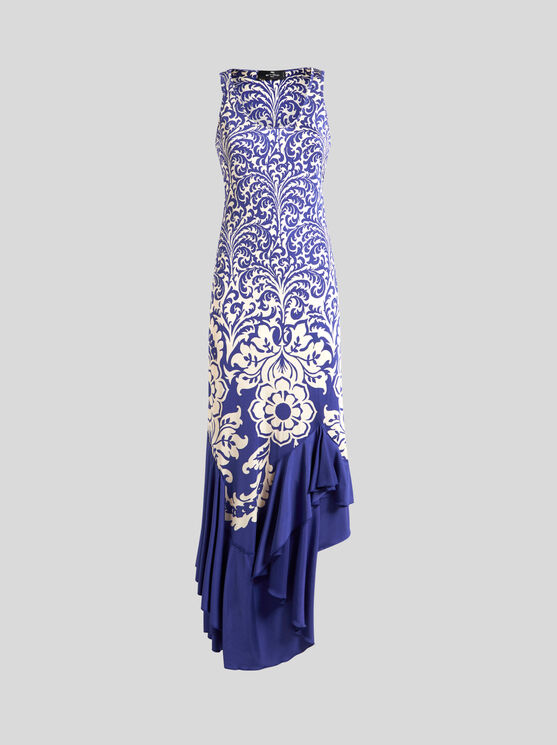 Etro Medallion Paisley Jersey Asymmetric Backless Dress In Electric Blue