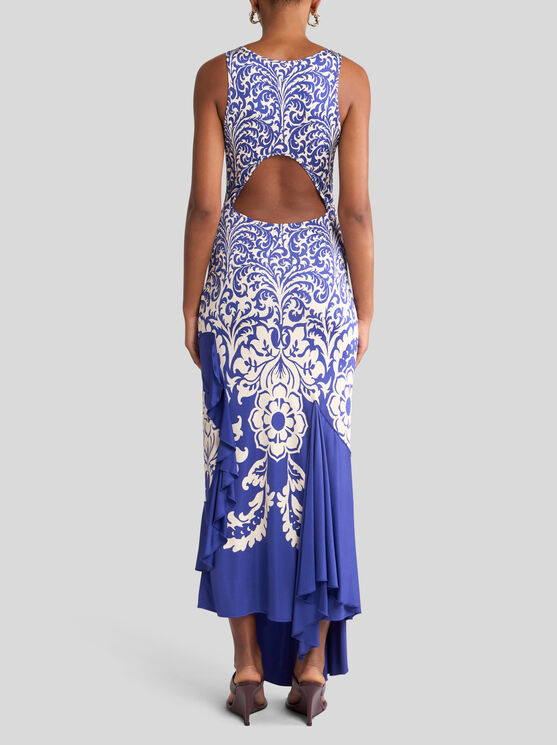 Etro Medallion Paisley Jersey Asymmetric Backless Dress In Electric Blue