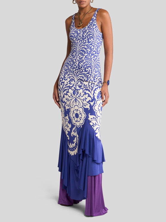 Etro Medallion Paisley Jersey Asymmetric Backless Dress In Electric Blue