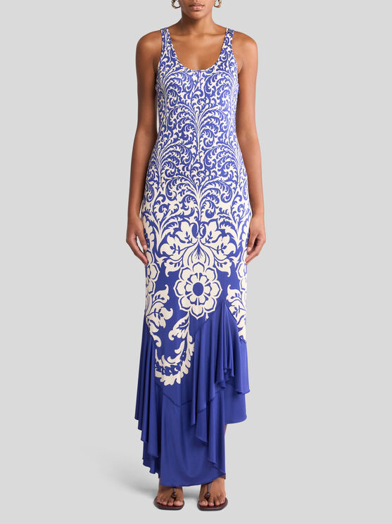 Etro Medallion Paisley Jersey Asymmetric Backless Dress In Electric Blue